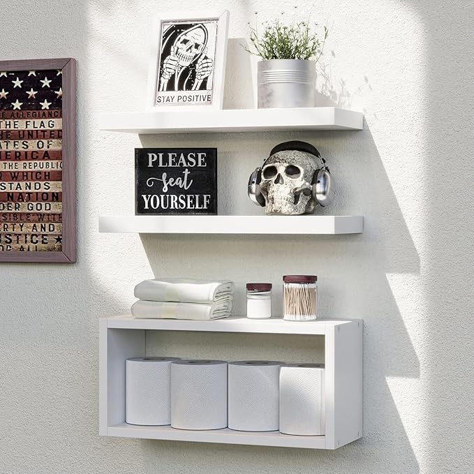 RICHER HOUSE White Floating Shelves Set of 3, Modern Bathroom Shelves Wall by RicherHouse