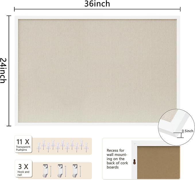 DAHAPYBOO Cork Board with Linen White, Bulletin Board 36"x24" Hanging Corkboards - Image 2