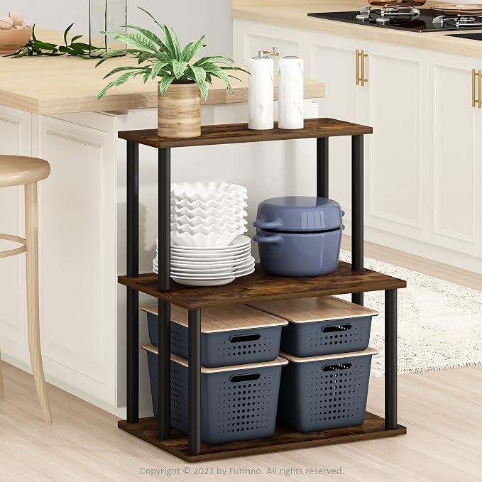 Furinno Turn-N-Tube 3-Tier Toolless Kitchen Storage Shelf, Amber Pine/Black - Image 2
