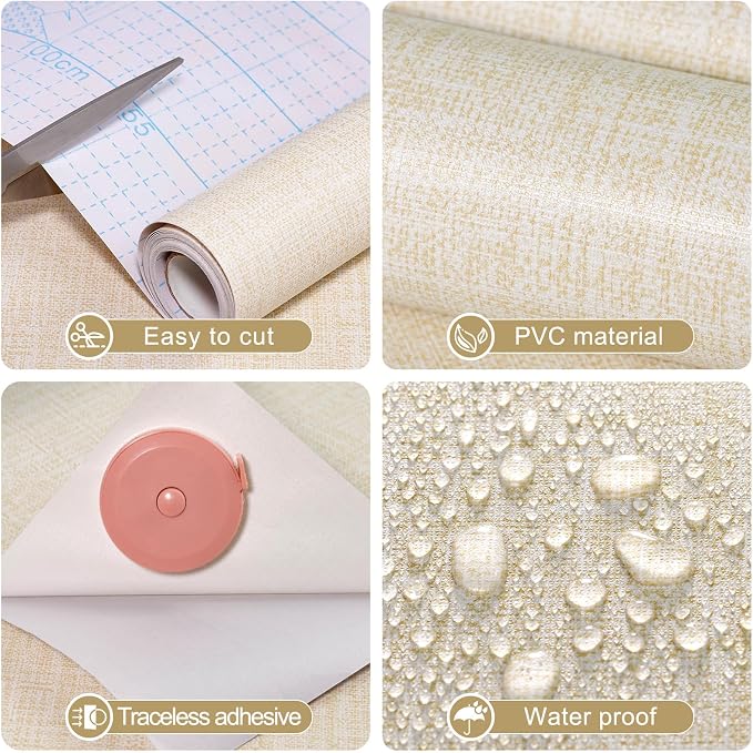 Amiya Grasscloth Cream Wallpaper Peel and Stick Beige Faux Fabric Linen Contact - Image 2