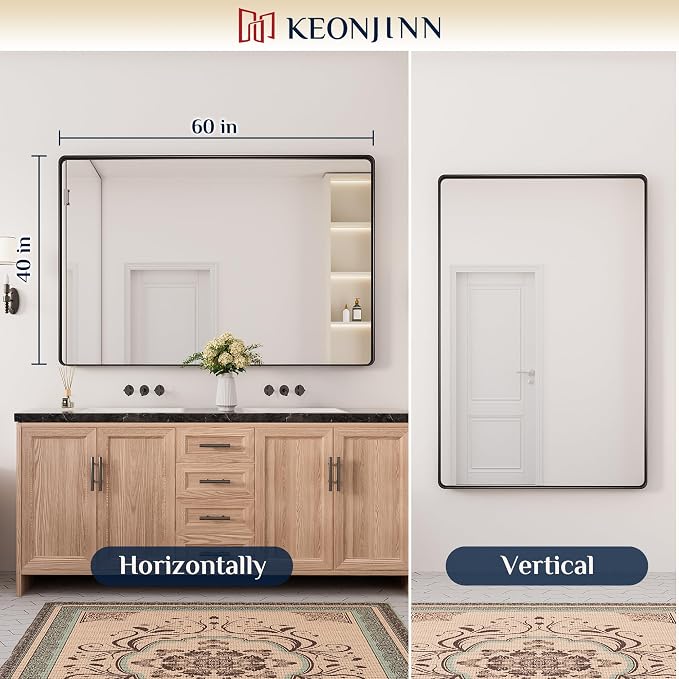 Keonjinn Black Bathroom Mirror for Over Sink, 60 x 40 Inch Large Rounded - Image 8