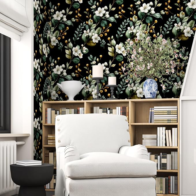 Black Floral Wallpaper Peel and Stick, Vintage Dark Green Leaves - Image 6