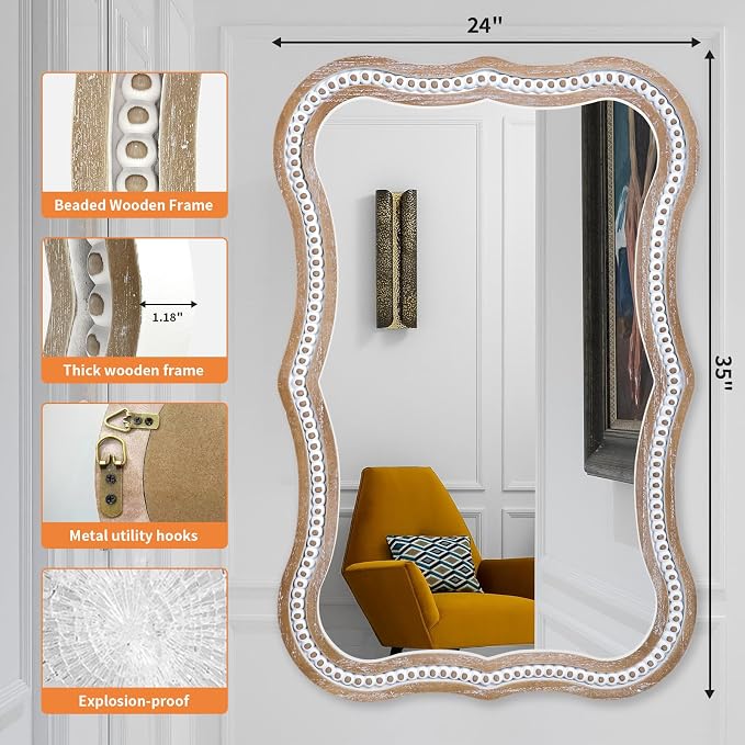 35x24 Inch Wavy Wooden Frame Mirror - Image 9