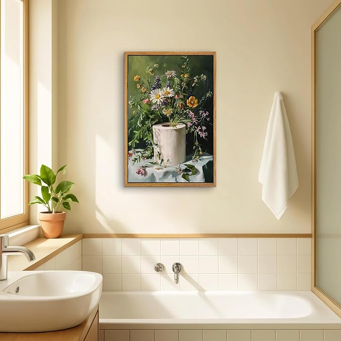 AtterrirArt Framed Funny Bathroom Wall Art, 16 * 24 Inches, Toilet Paper Floral - Image 3