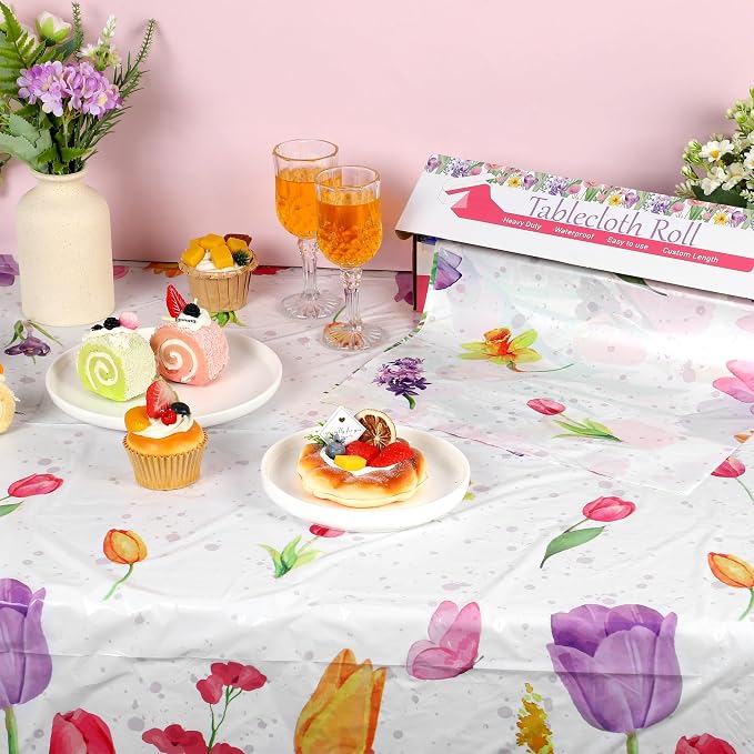 Kochorie 100 Ft x 54 Inch Spring Flower Tulip Tablecloth Roll Plastic Floral - Image 4