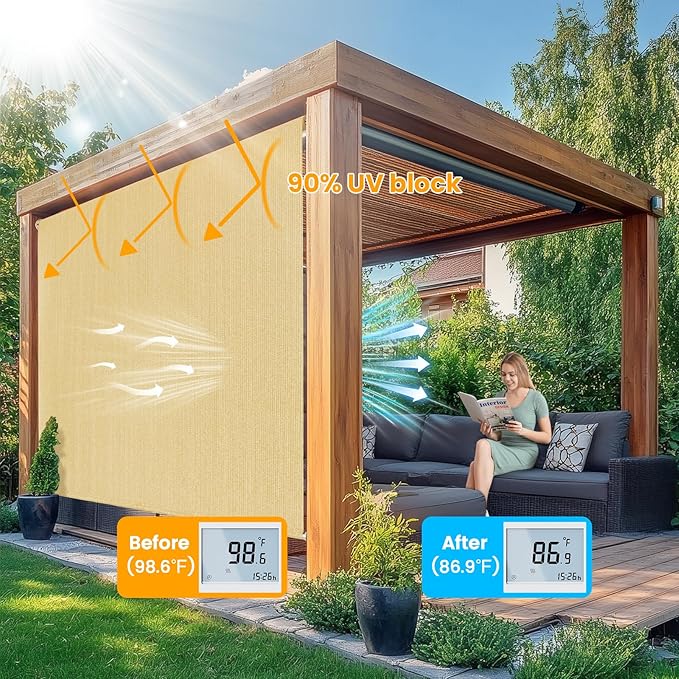 7'W x 6'H Sesame Patio Shades Roll up Outdoor Roller Shade Crank Wand Blind - Image 2