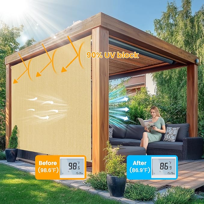 6'W x 6'H Sesame Patio Shades Roll up Outdoor Roller Shade Crank Wand Blind - Image 2