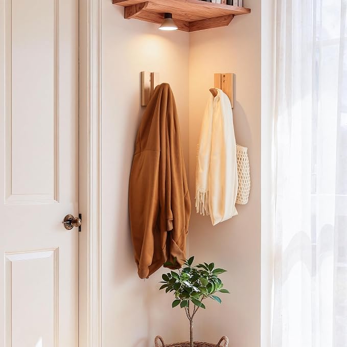 Wall Hooks for Small Space: Foldable Wooden Natural Coat Hooks 2Pack for - Image 9