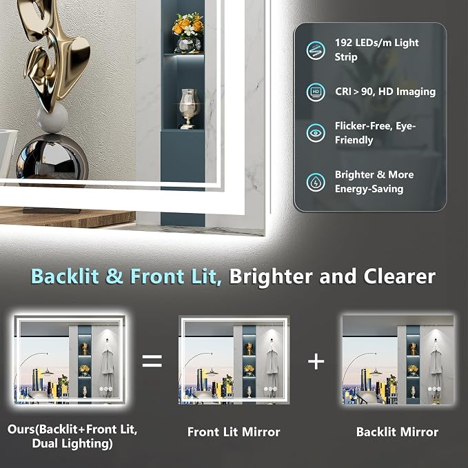 40x24 LED Bathroom Mirror with Lights, Backlit and Front Lit Anti-Fog Lighted - Image 3