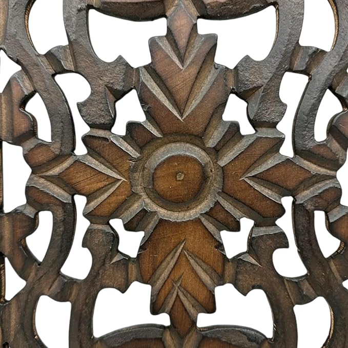 Floral Hand Carved Wooden Wall Panels Set of 2, Rustic Brown Decorative Wall Art - Image 6