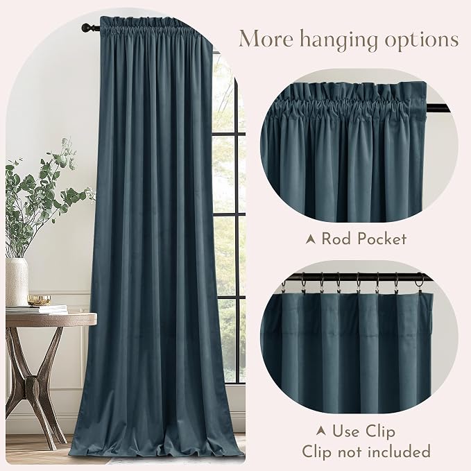 NICETOWN Slate Blue Blackout Velvet 108 inches Long Curtains - Image 3
