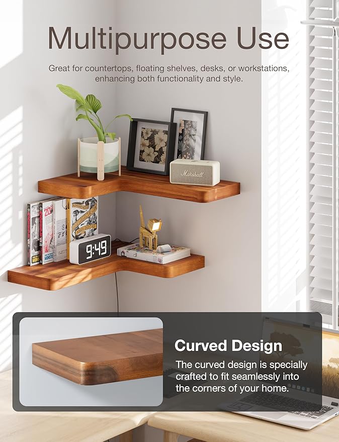 BATODA Acacia Wood Corner Floating Shelves 17" x 12"– Corner Shelf Wall Mounted - Image 5