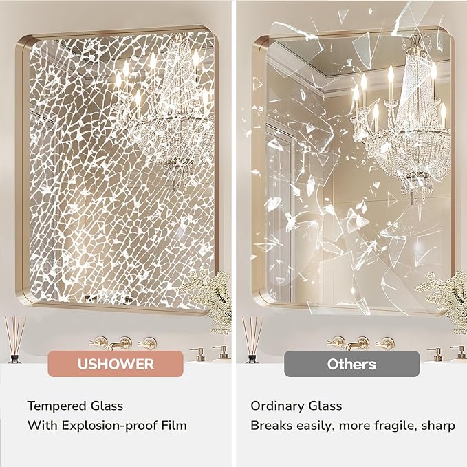 USHOWER Gold Bathroom Mirrors 24"x36" 2 Pack, Brushed Gold Rectangle Mirrors - Image 5