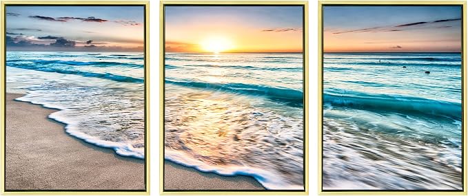 Wieco Art Framed Canvas Wall Art 3 Panel Blue Beach - Image 7