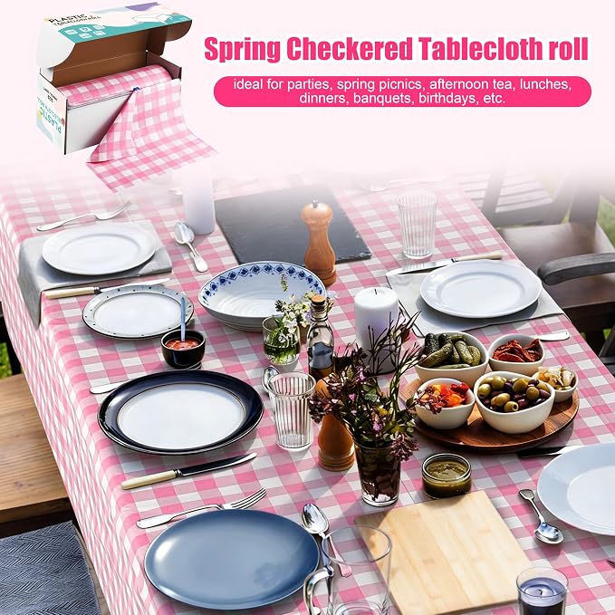 Kochorie 54 Inch x 300 Ft Light Pink Checkered Plastic Table Cloth Roll - Image 5