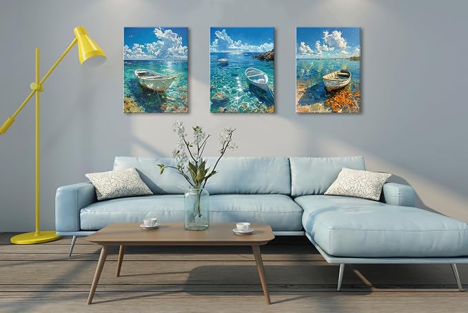 weiyiart Beach Decor Canvas Wall Art Blue Ocean Boat on the Sea Print Painting - Image 8