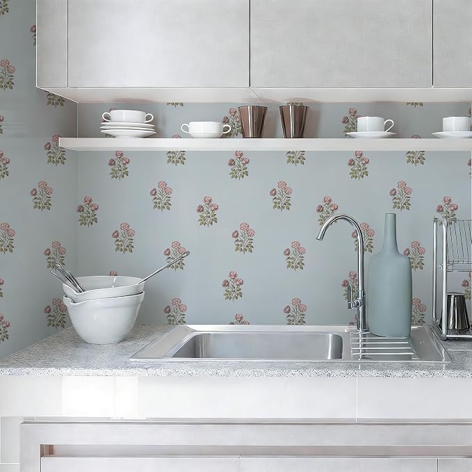 17.3"× 118.1" Vintage Blue Floral Wallpaper Peel and Stick Boho Wallpaper - Image 8