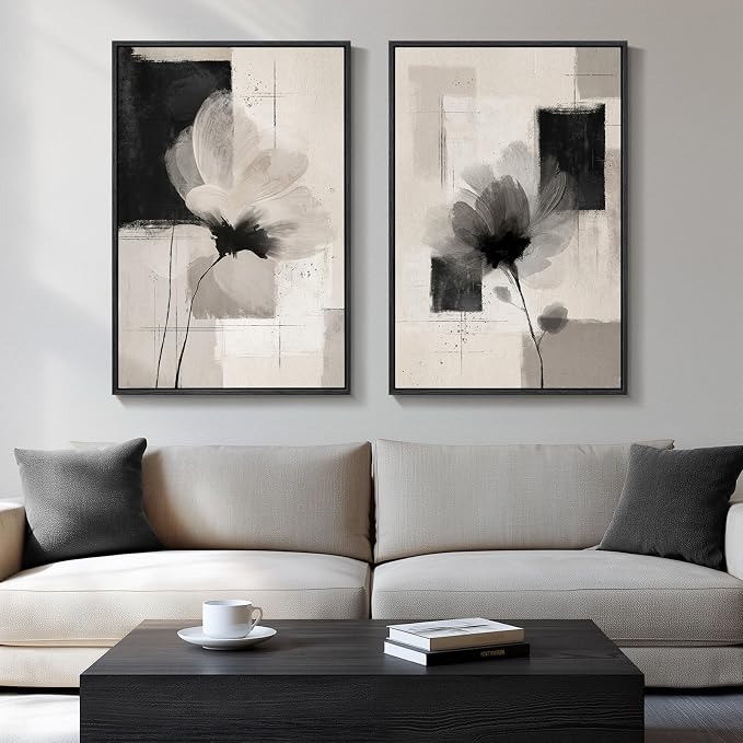 Large Framed Neutral Abstract Floral Wall Art, Minimalist Pictures by Cuspin