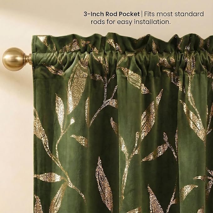 NICETOWN Leaf Patterned Green Velvet Curtains 96 inches Long 2 Panels Gold Foil - Image 4