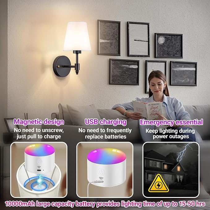 YHCDLAMP Battery Operated Wall Sconces Set of Two, Rechargeable Wireless Wall - Image 5