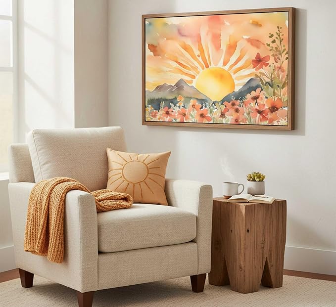 Framed Boho Sun Canvas Wall art Mid-Century Modern Abstract Bohemian Sunset in - Image 4