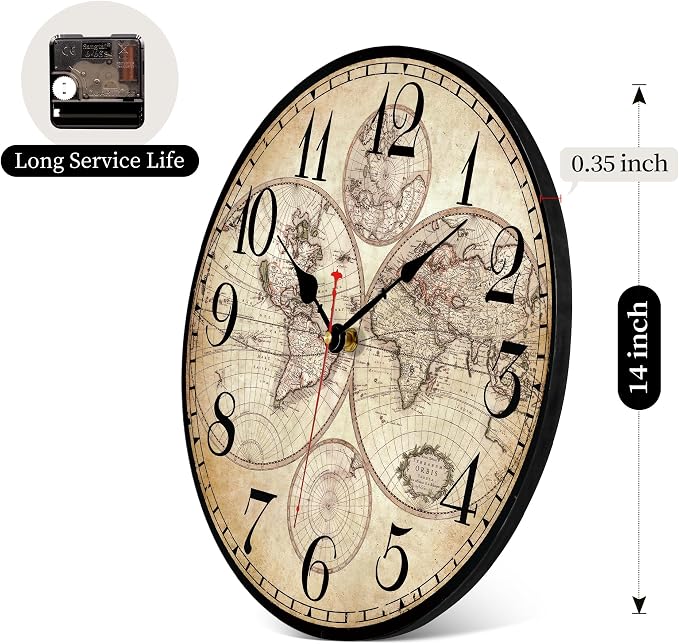 14 Inch Wooden Wall Clock Globe World Map Retro Vintage Rustic Wall Clocks - Image 2