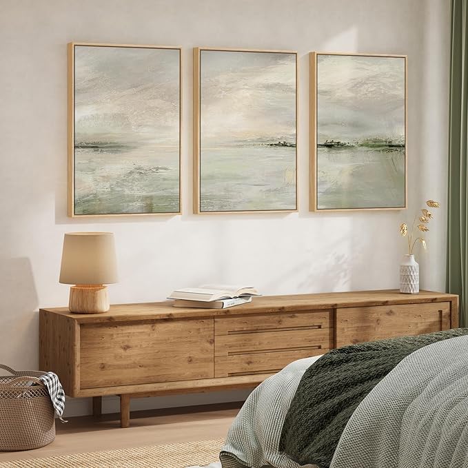Large Framed Sage Green Abstract Landscape Wall Art, 3 Piece Modern Canvas - Image 2