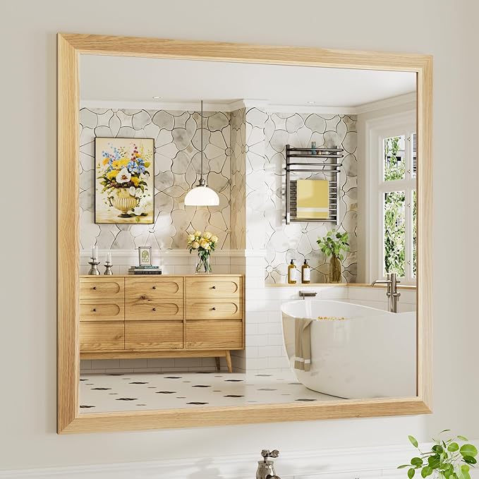 40x38 Inch Bathroom Mirror for Wall, Anti-Rust Oak Wood Grain Metal Framed by Briivuemodernmirrors