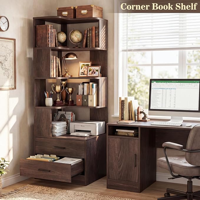 Armocity Corner Bookshelf with Drawers, 7 Tier Corner Book Shelf Display - Image 5
