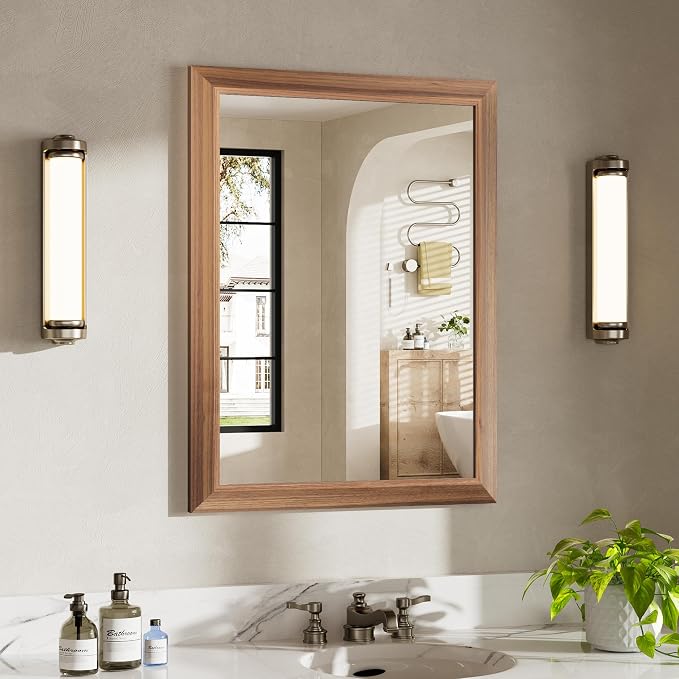 24x32 Inch Bathroom Mirror for Wall, Anti-Rust Walnut Wood Grain Metal Framed by Briivuemodernmirrors