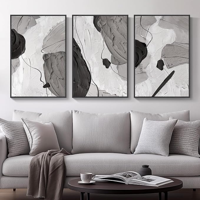 Large Framed Black and White Gray Abstract Wall Art, Minimalist Pictures - Image 2