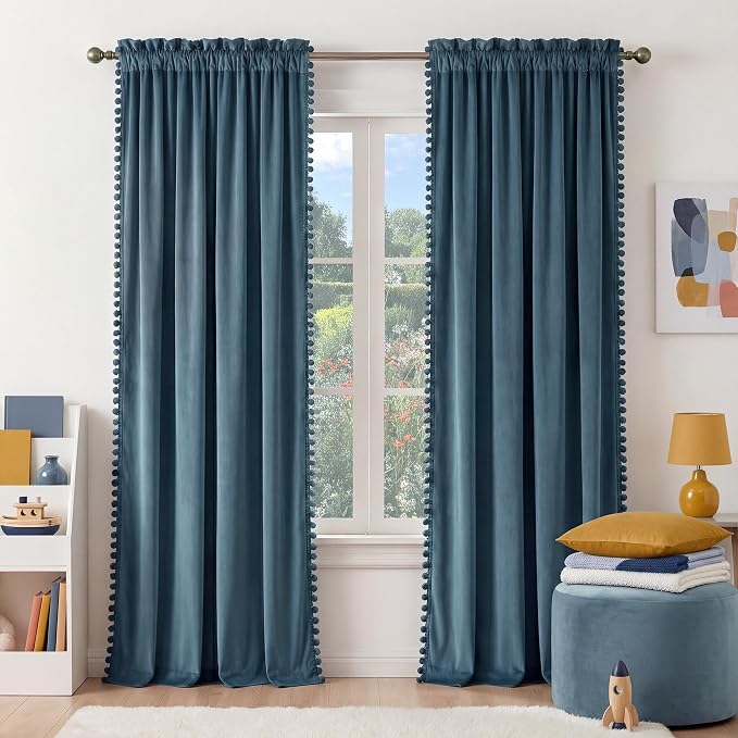 NICETOWN Slate Blue Velvet Curtains 84 Inch Length – Pom Pom Room Darkening by NICETOWN