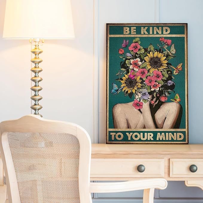 DIHSIEG Floral Canvas Wall Art Be Kind to Your Mind Vintage Poster Rimless - Image 7