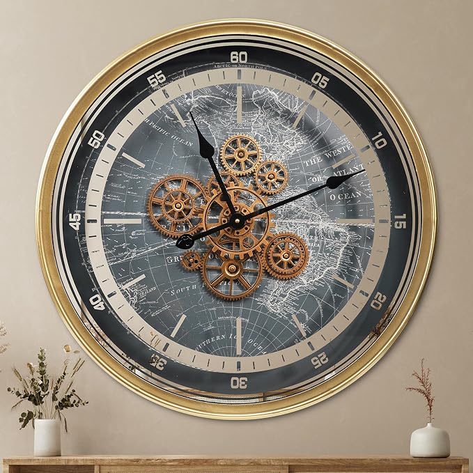 October Elf Large Real Moving Gears Wall Clock 24 Inch Vintage Industrial by Buy+now