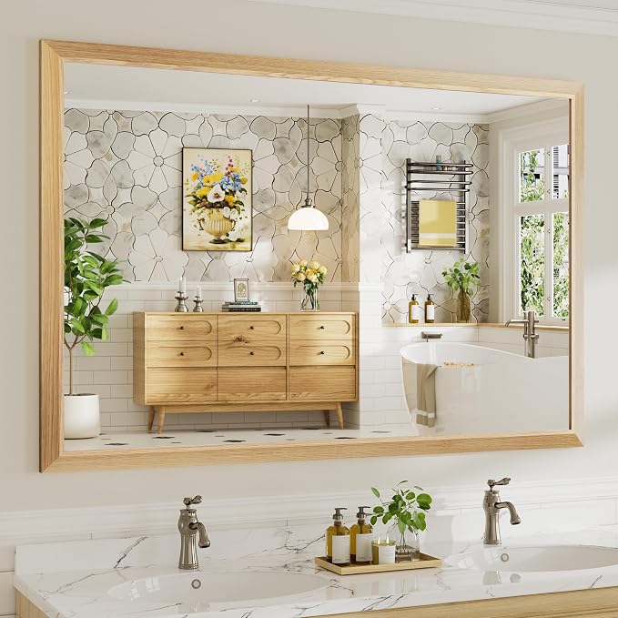 60x40 Inch Bathroom Mirror for Wall, Anti-Rust Oak Wood Grain Metal Framed by Briivuemodernmirrors