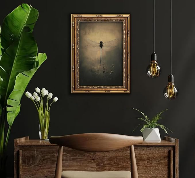 Vintage Gold Framed Wall Art Retro Dark Dragonfly Painting Canvas Prints Gothic - Image 8