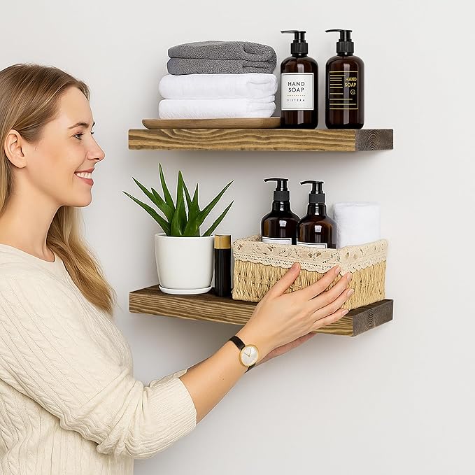 BGMG Wood Floating Shelves for Wall 16 inch Set of 2, Rustic Wooden Wall Mount - Image 2
