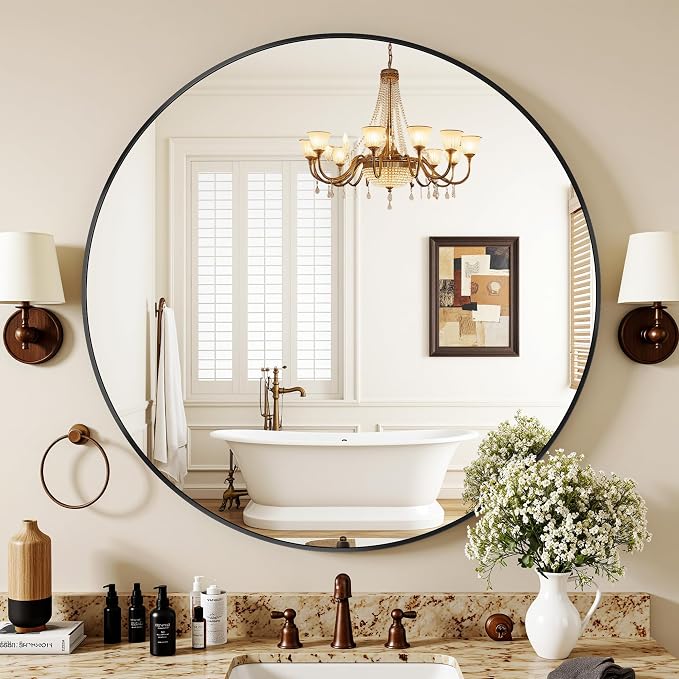 Antok 30 Inch Round Mirror for Wall, Round Bathroom Mirror, Circle Wall Mirrors - Image 2