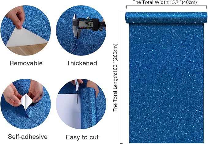 CHIHUT Sparkle Blue Glitter Wallpaper Stick and Peel 15.7''x100'' Self Adhesive - Image 9