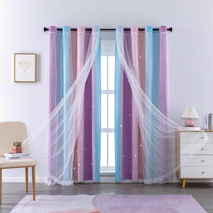 XiDi Curtains for Bedroom Decor, Rainbow Pink Purple/34/96 - Image 3