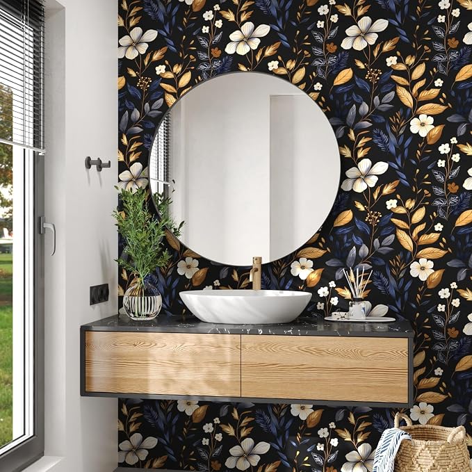 Laatse Blue/Gold Leaf Wallpaper Peel and Stick Vintage Dark Floral Wallpaper - Image 5