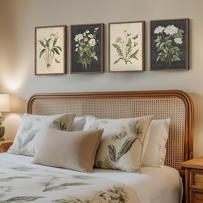 Framed Botanical Wall Art for Living Room, 4 Piece Rustic Floral Canvas - Image 3