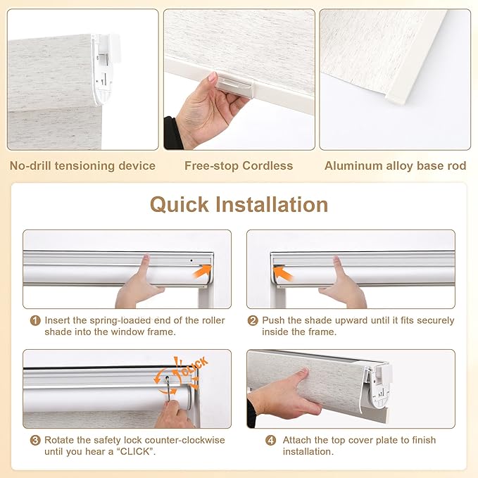 SUNOFF No Drill Tools Cordless Blackout Roller Shades Blinds - Image 2