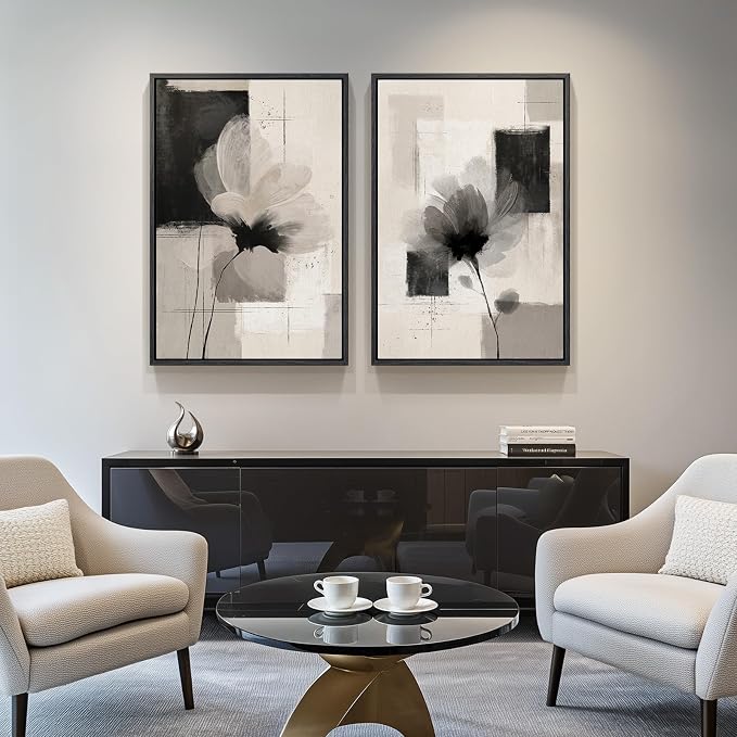Large Framed Neutral Abstract Floral Wall Art, Minimalist Pictures - Image 8