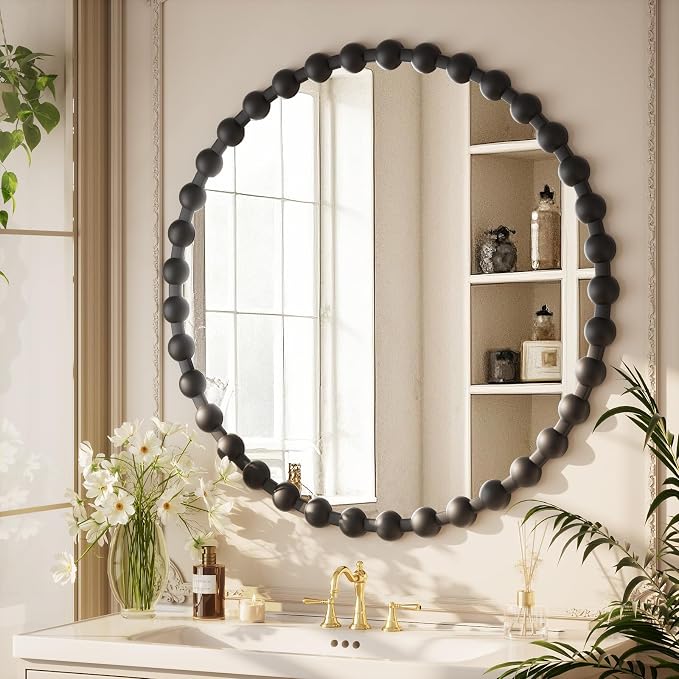 Easly Round Mirror for Wall, 32 Inch Black Beaded Frame Decorative Vanity Mirror - Image 2