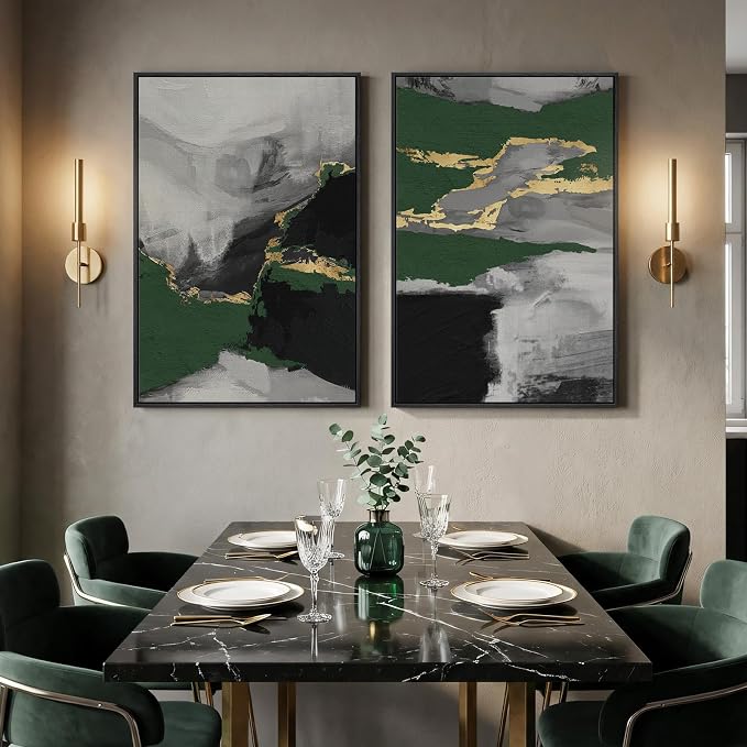 Large Framed Green Abstract Wall Art, 2 Piece Modern Canvas Prints Paintings - Image 2