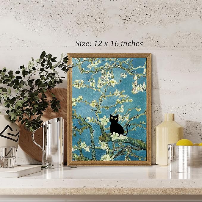 Fantasy Artists Van Gogh's Almond Blossom Funny Black Cat Canvas Wall Art - Image 4