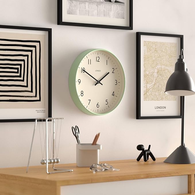 JONES CLOCKS® Studio wall Clock | Modern Round Style | 12 inch | Neo Mint Green - Image 5