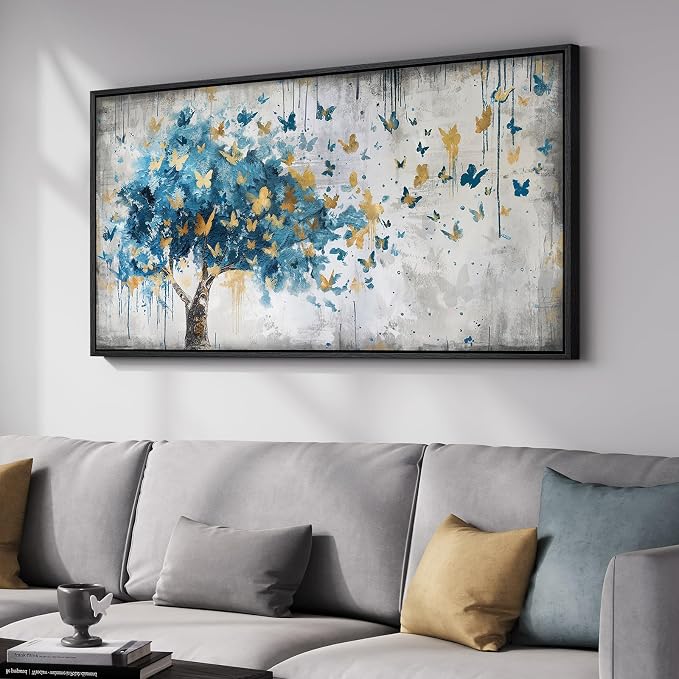 Framed Large Tree Wall Art, Modern Golden Butterfly Picture - Image 2