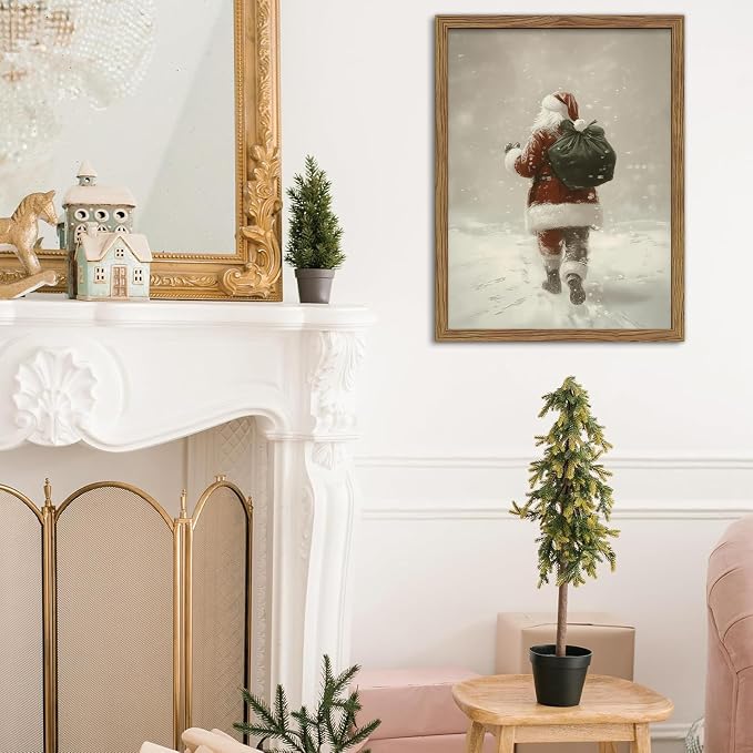 Framed Christmas Wall Art, Santa Claus Walk in Snow Canvas Prints, Vintage - Image 7